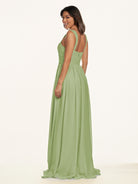 KissDress-Lia Matcha A Line Chiffon Off the Shoulder Long Bridesmaid Dress with Pleats