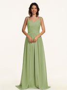 KissDress-Lia Matcha A Line Chiffon Off the Shoulder Long Bridesmaid Dress with Pleats