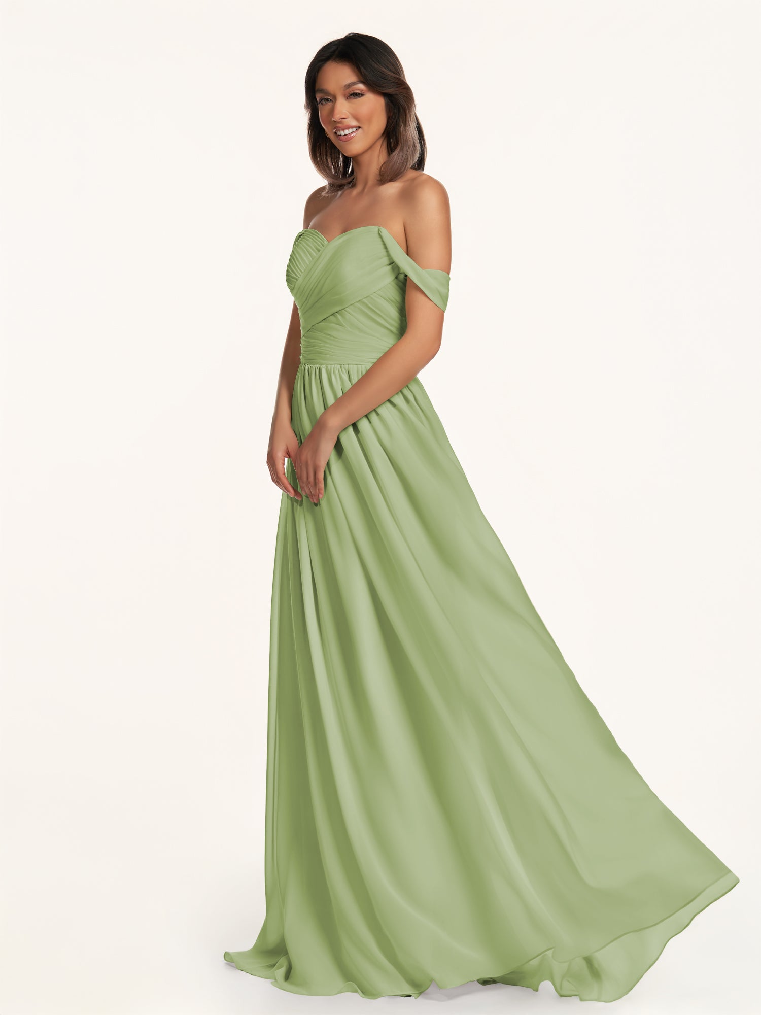 KissDress-Lia Matcha A Line Chiffon Off the Shoulder Long Bridesmaid Dress with Pleats