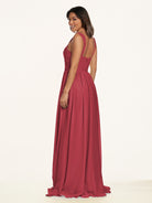 KissDress-Lia Merlot A Line Chiffon Off the Shoulder Long Bridesmaid Dress with Pleats