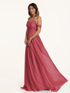 KissDress-Lia Merlot A Line Chiffon Off the Shoulder Long Bridesmaid Dress with Pleats