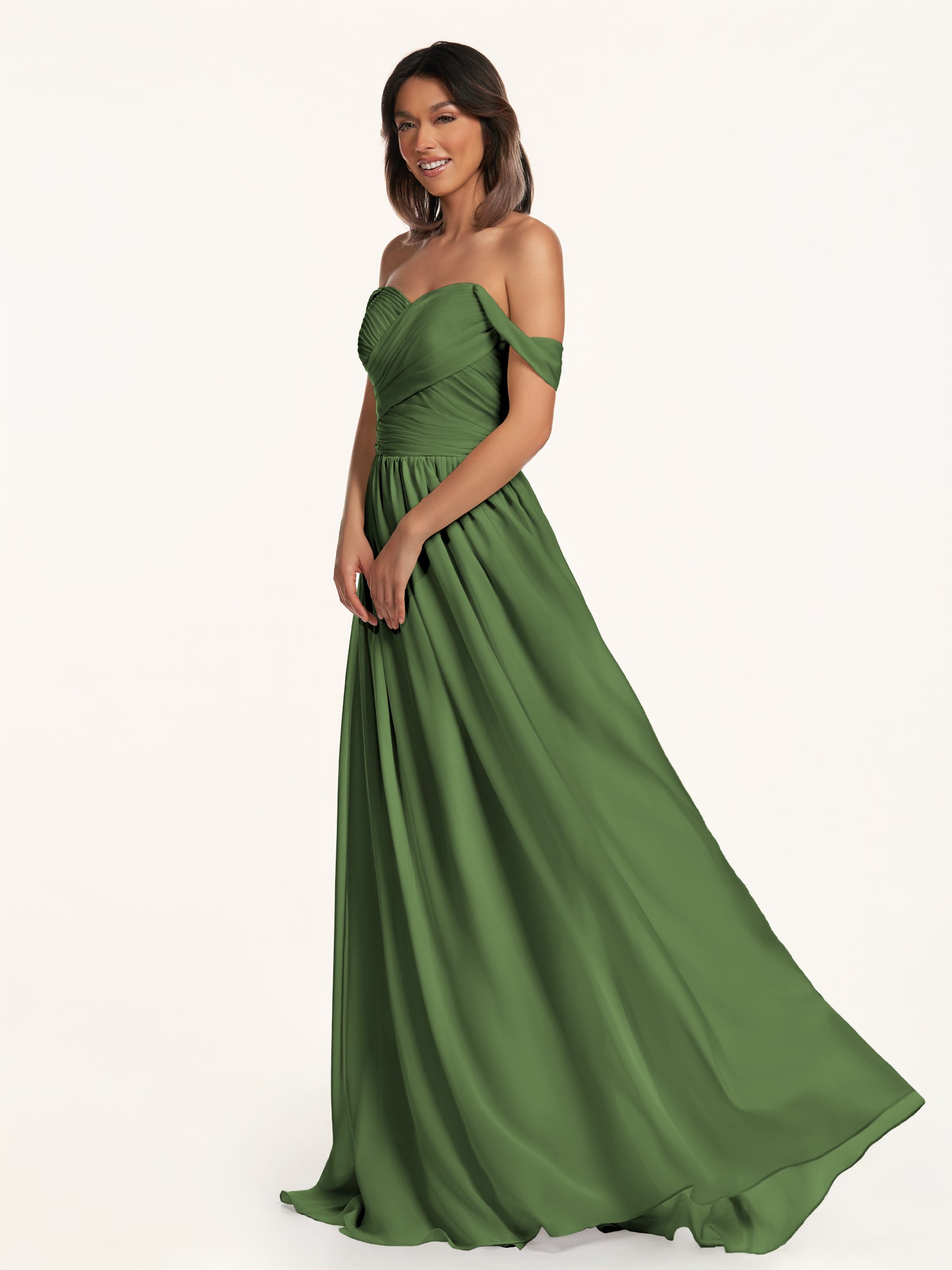 KissDress-Lia Moss A Line Chiffon Off the Shoulder Long Bridesmaid Dress with Pleats
