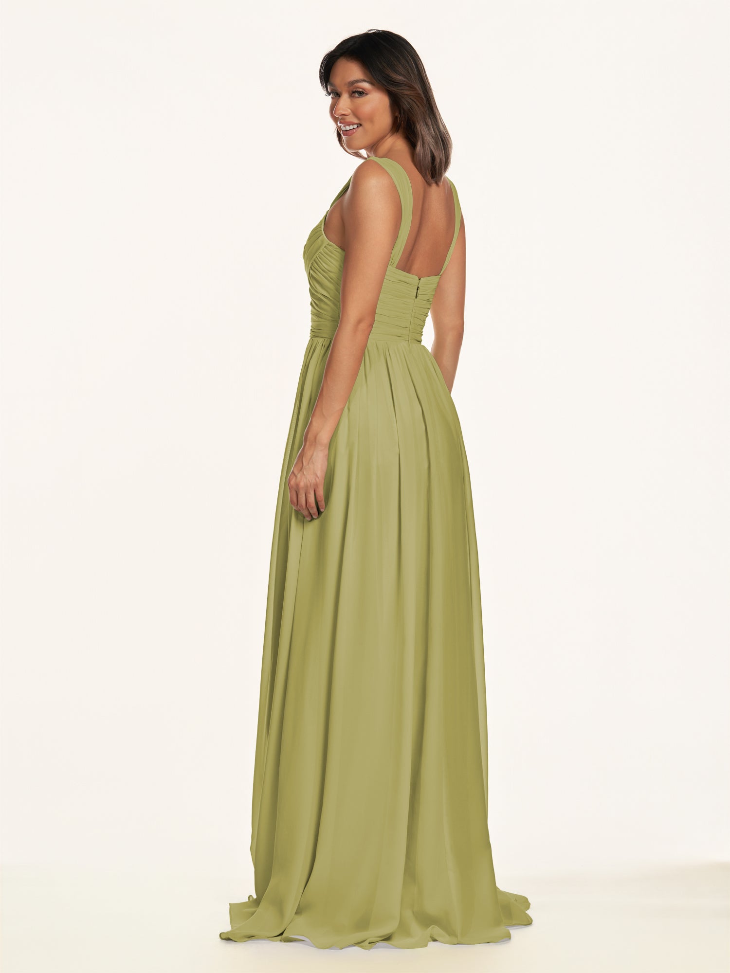 KissDress-Lia Moss Green A Line Chiffon Off the Shoulder Long Bridesmaid Dress with Pleats