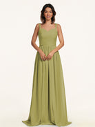 KissDress-Lia Moss Green A Line Chiffon Off the Shoulder Long Bridesmaid Dress with Pleats