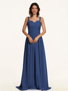 KissDress-Lia Navy A Line Chiffon Off the Shoulder Long Bridesmaid Dress with Pleats
