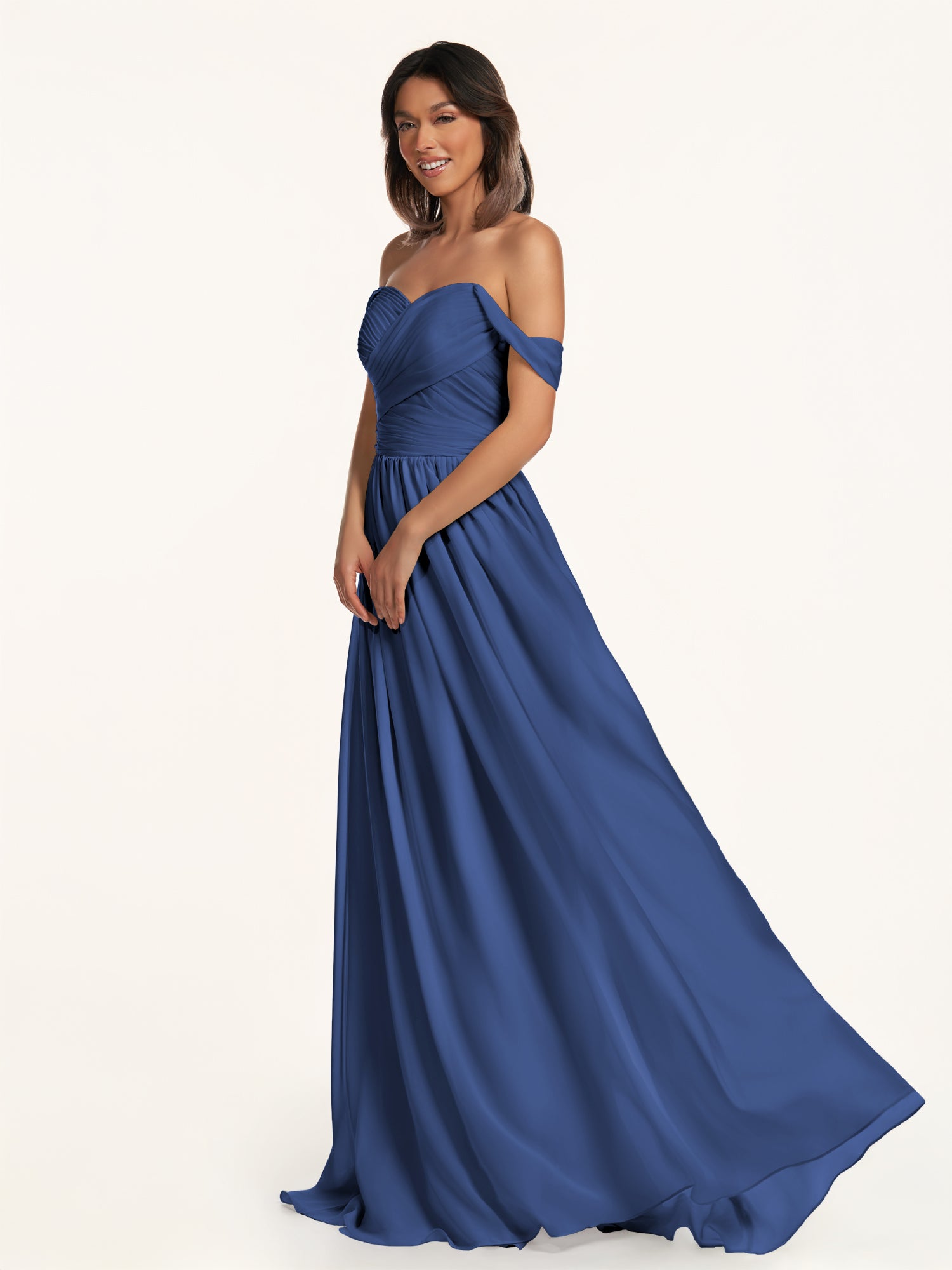 KissDress-Lia Navy A Line Chiffon Off the Shoulder Long Bridesmaid Dress with Pleats