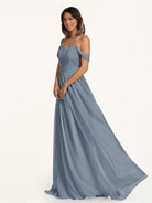 KissDress-Lia Neptune A Line Chiffon Off the Shoulder Long Bridesmaid Dress with Pleats