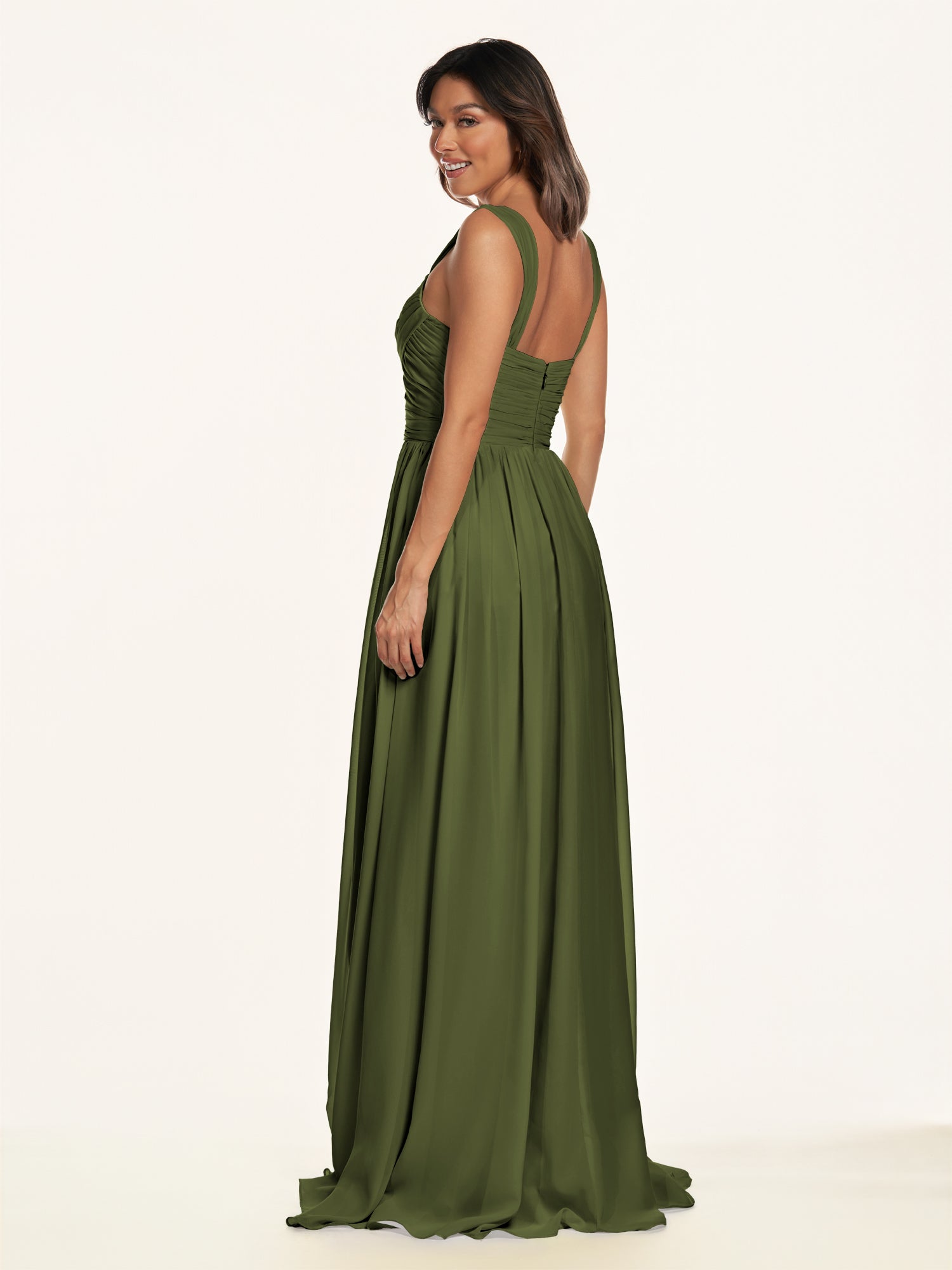 KissDress-Lia Olive A Line Chiffon Off the Shoulder Long Bridesmaid Dress with Pleats