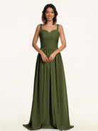KissDress-Lia Olive A Line Chiffon Off the Shoulder Long Bridesmaid Dress with Pleats