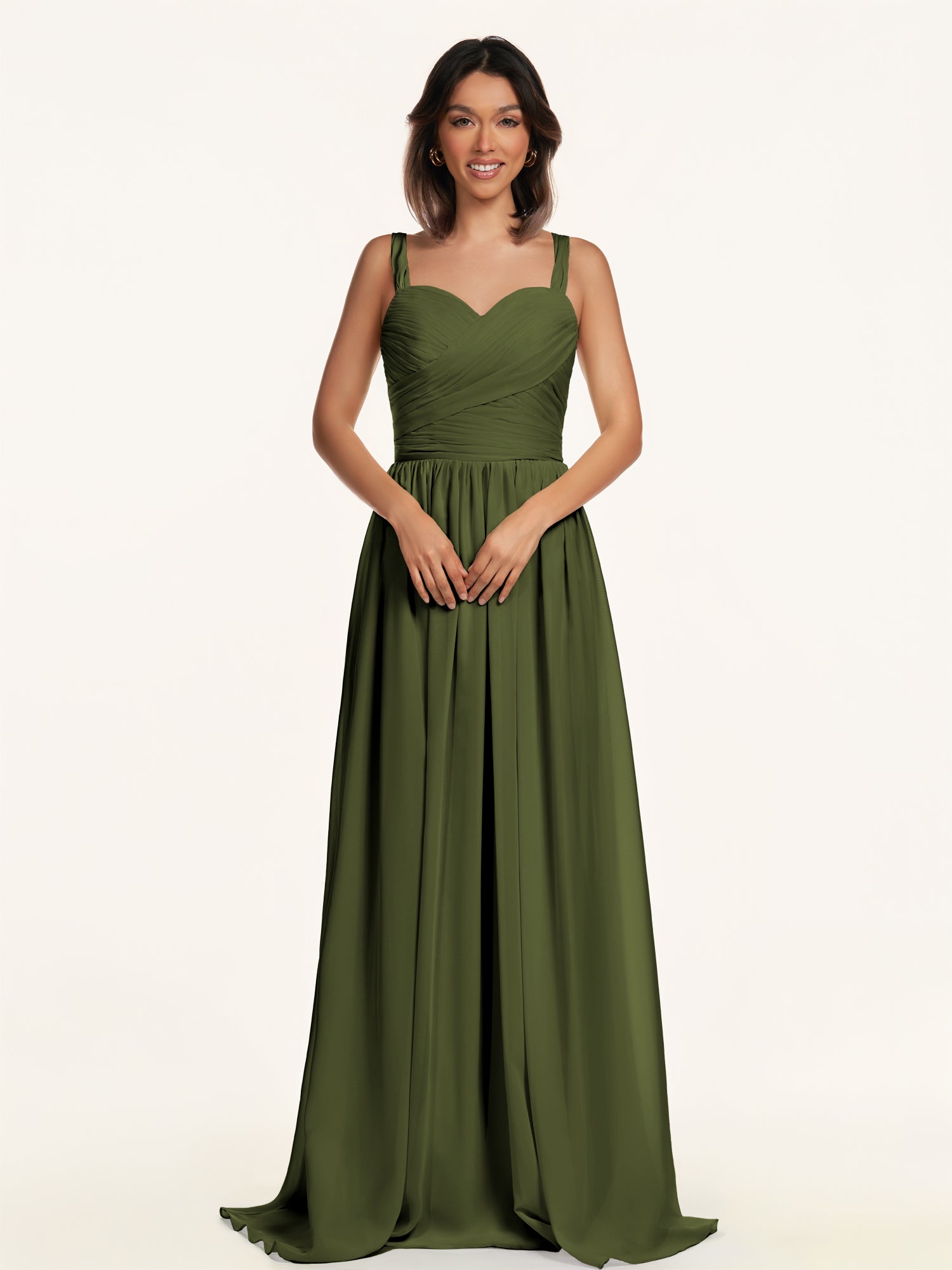 KissDress-Lia Olive A Line Chiffon Off the Shoulder Long Bridesmaid Dress with Pleats