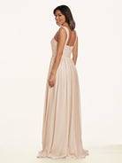 KissDress-Lia Pale Blush A Line Chiffon Off the Shoulder Long Bridesmaid Dress with Pleats