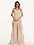 KissDress-Lia Pale Blush A Line Chiffon Off the Shoulder Long Bridesmaid Dress with Pleats