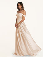 KissDress-Lia Pale Blush A Line Chiffon Off the Shoulder Long Bridesmaid Dress with Pleats