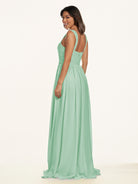 KissDress-Lia Pale Pistachio A Line Chiffon Off the Shoulder Long Bridesmaid Dress with Pleats