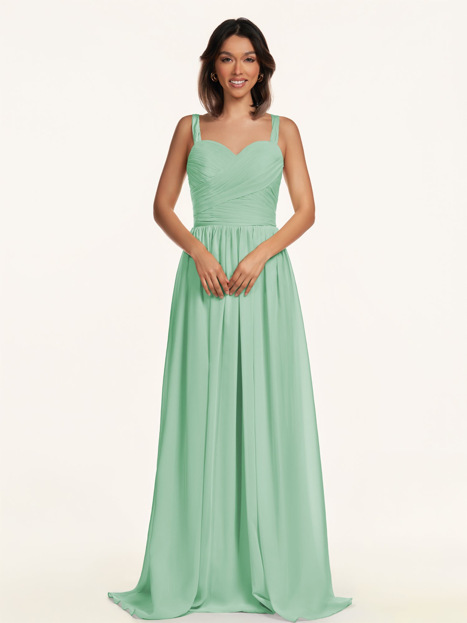 KissDress-Lia Pale Pistachio A Line Chiffon Off the Shoulder Long Bridesmaid Dress with Pleats