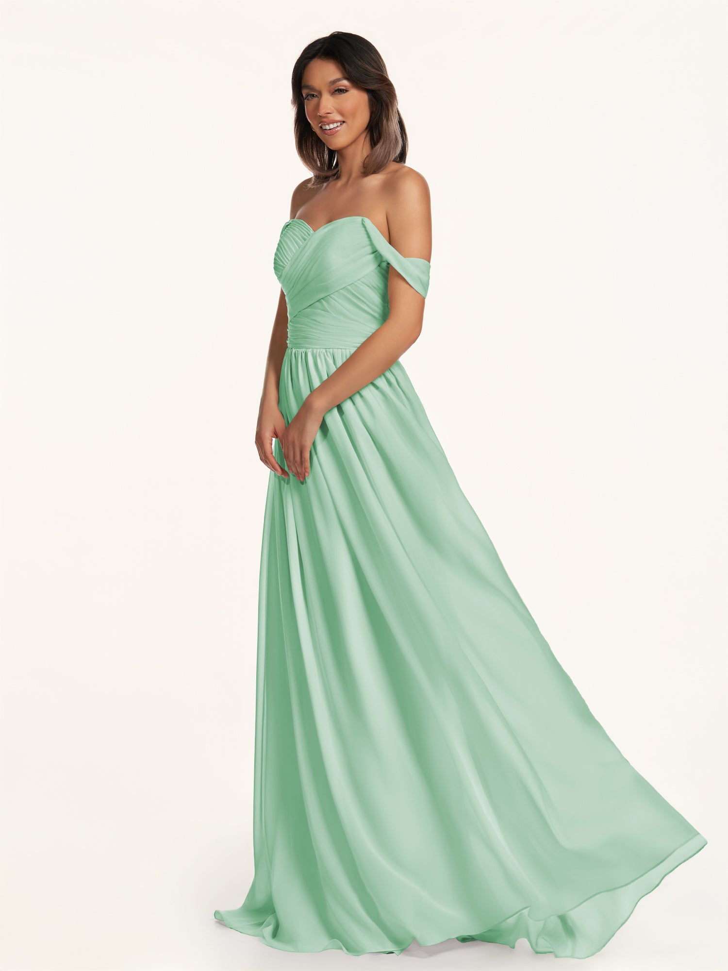 KissDress-Lia Pale Pistachio A Line Chiffon Off the Shoulder Long Bridesmaid Dress with Pleats