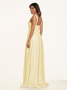 KissDress-Lia Pastel Yellow A Line Chiffon Off the Shoulder Long Bridesmaid Dress with Pleats