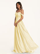KissDress-Lia Pastel Yellow A Line Chiffon Off the Shoulder Long Bridesmaid Dress with Pleats