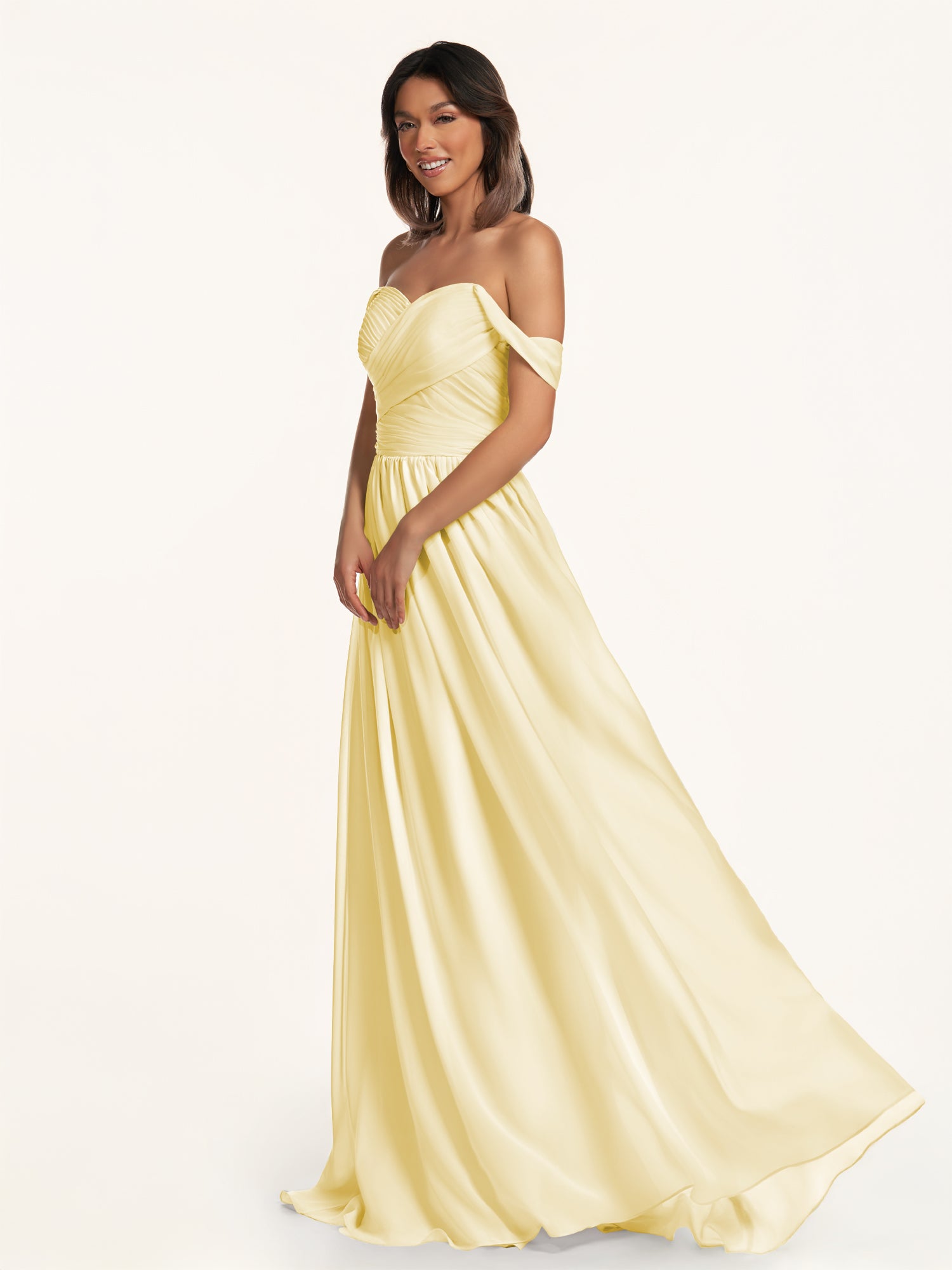 KissDress-Lia Pastel Yellow A Line Chiffon Off the Shoulder Long Bridesmaid Dress with Pleats
