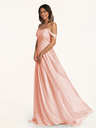 KissDress-Lia Rose Petal A Line Chiffon Off the Shoulder Long Bridesmaid Dress with Pleats