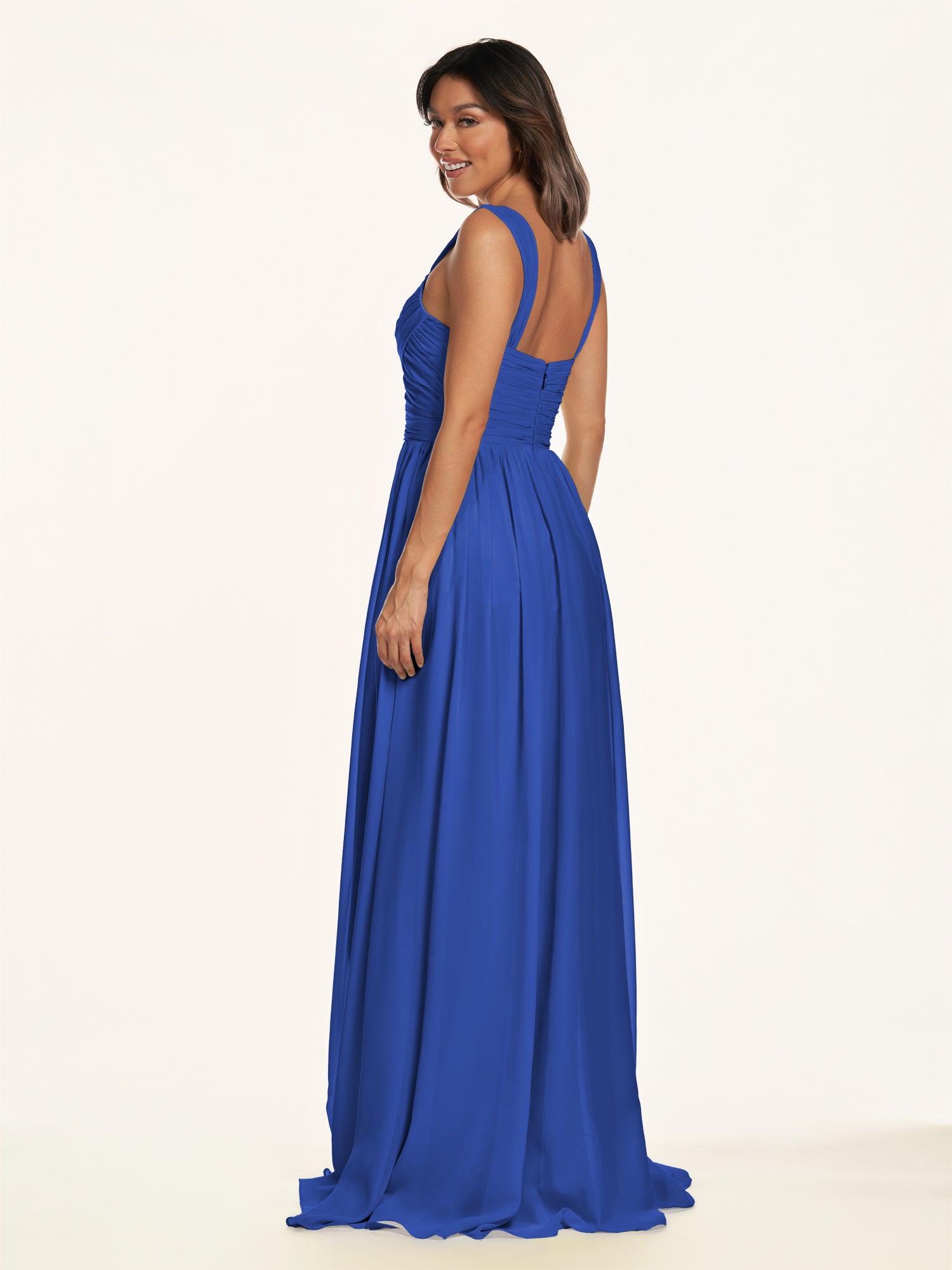 KissDress-Lia Royal Blue A Line Chiffon Off the Shoulder Long Bridesmaid Dress with Pleats