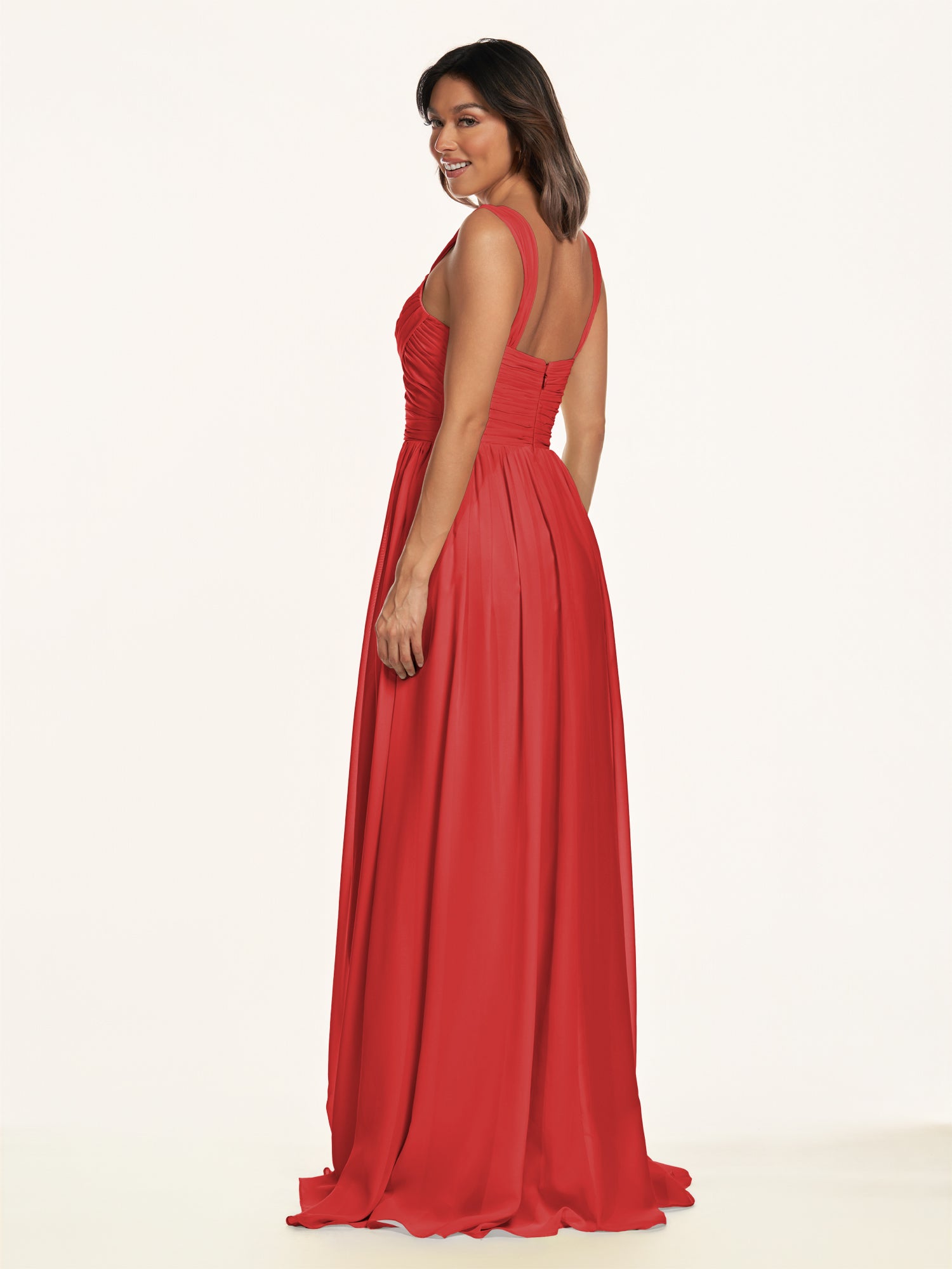 KissDress-Lia Ruby Red A Line Chiffon Off the Shoulder Long Bridesmaid Dress with Pleats