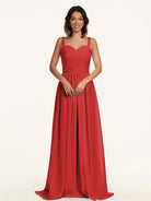 KissDress-Lia Ruby Red A Line Chiffon Off the Shoulder Long Bridesmaid Dress with Pleats