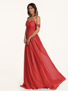 KissDress-Lia Ruby Red A Line Chiffon Off the Shoulder Long Bridesmaid Dress with Pleats