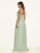 KissDress-Lia Sage A Line Chiffon Off the Shoulder Long Bridesmaid Dress with Pleats