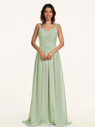 KissDress-Lia Sage A Line Chiffon Off the Shoulder Long Bridesmaid Dress with Pleats