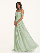 KissDress-Lia Sage A Line Chiffon Off the Shoulder Long Bridesmaid Dress with Pleats
