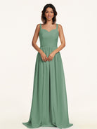 KissDress-Lia Sea Glass A Line Chiffon Off the Shoulder Long Bridesmaid Dress with Pleats