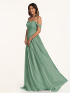 KissDress-Lia Sea Glass A Line Chiffon Off the Shoulder Long Bridesmaid Dress with Pleats