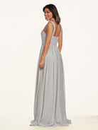 KissDress-Lia Silver A Line Chiffon Off the Shoulder Long Bridesmaid Dress with Pleats