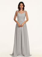 KissDress-Lia Silver A Line Chiffon Off the Shoulder Long Bridesmaid Dress with Pleats