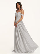 KissDress-Lia Silver A Line Chiffon Off the Shoulder Long Bridesmaid Dress with Pleats