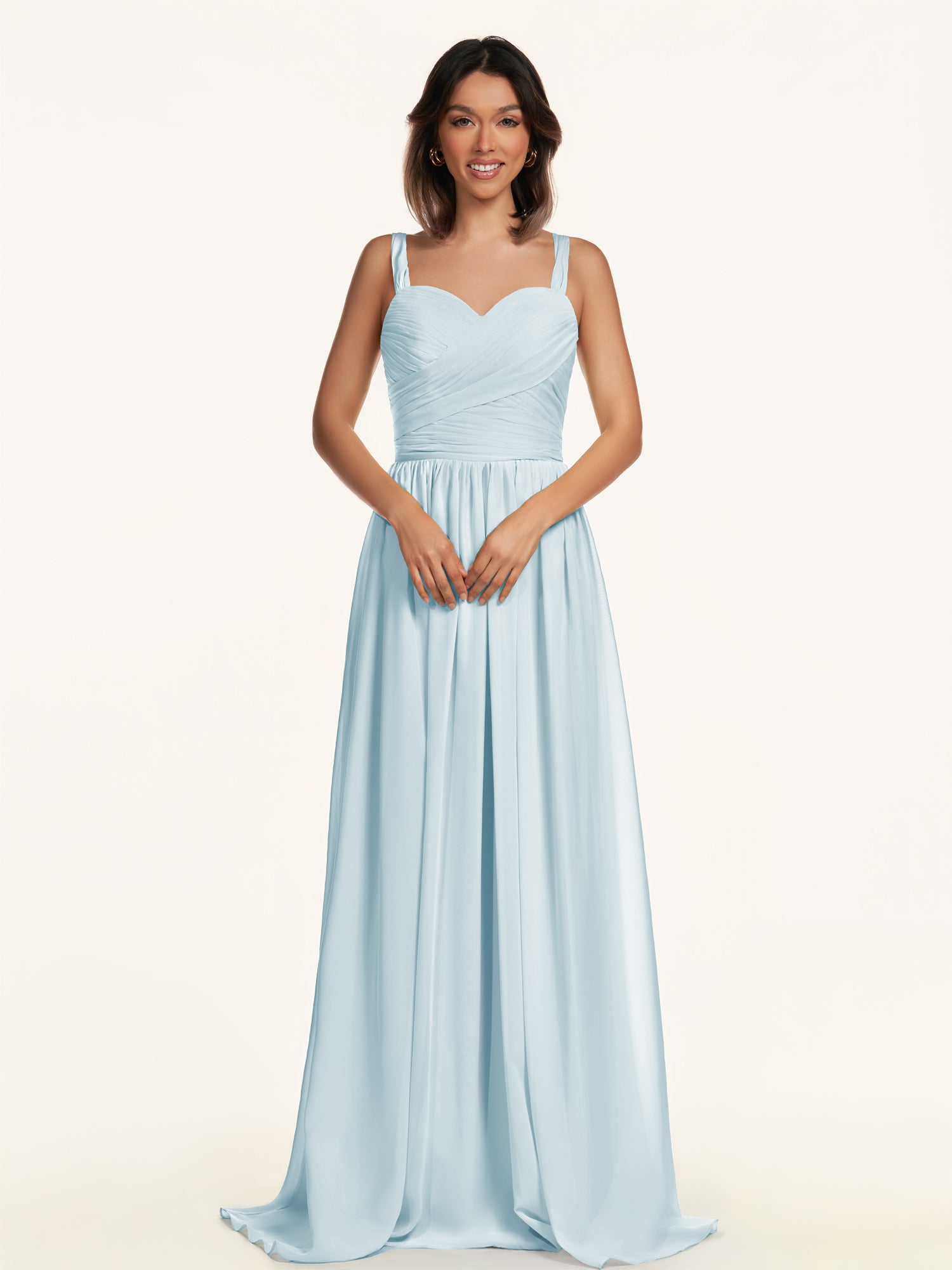 KissDress-Lia Sky Blue A Line Chiffon Off the Shoulder Long Bridesmaid Dress with Pleats