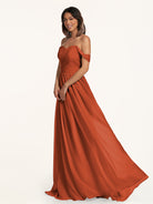 KissDress-Lia Spice A Line Chiffon Off the Shoulder Long Bridesmaid Dress with Pleats