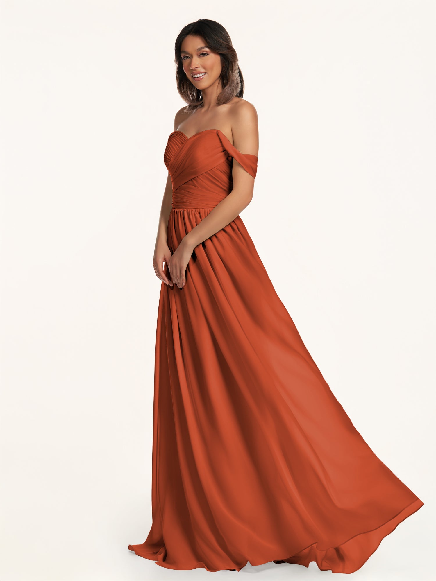 KissDress-Lia Spice A Line Chiffon Off the Shoulder Long Bridesmaid Dress with Pleats