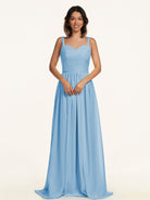 KissDress-Lia Steel Blue A Line Chiffon Off the Shoulder Long Bridesmaid Dress with Pleats