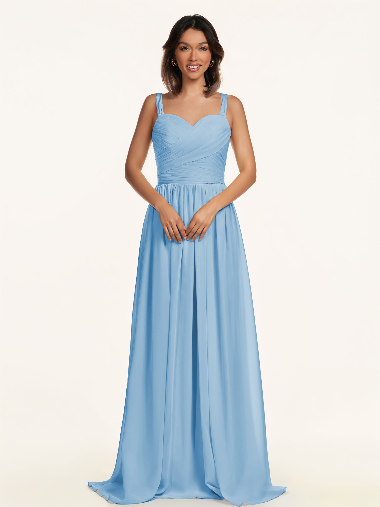 KissDress-Lia Steel Blue A Line Chiffon Off the Shoulder Long Bridesmaid Dress with Pleats