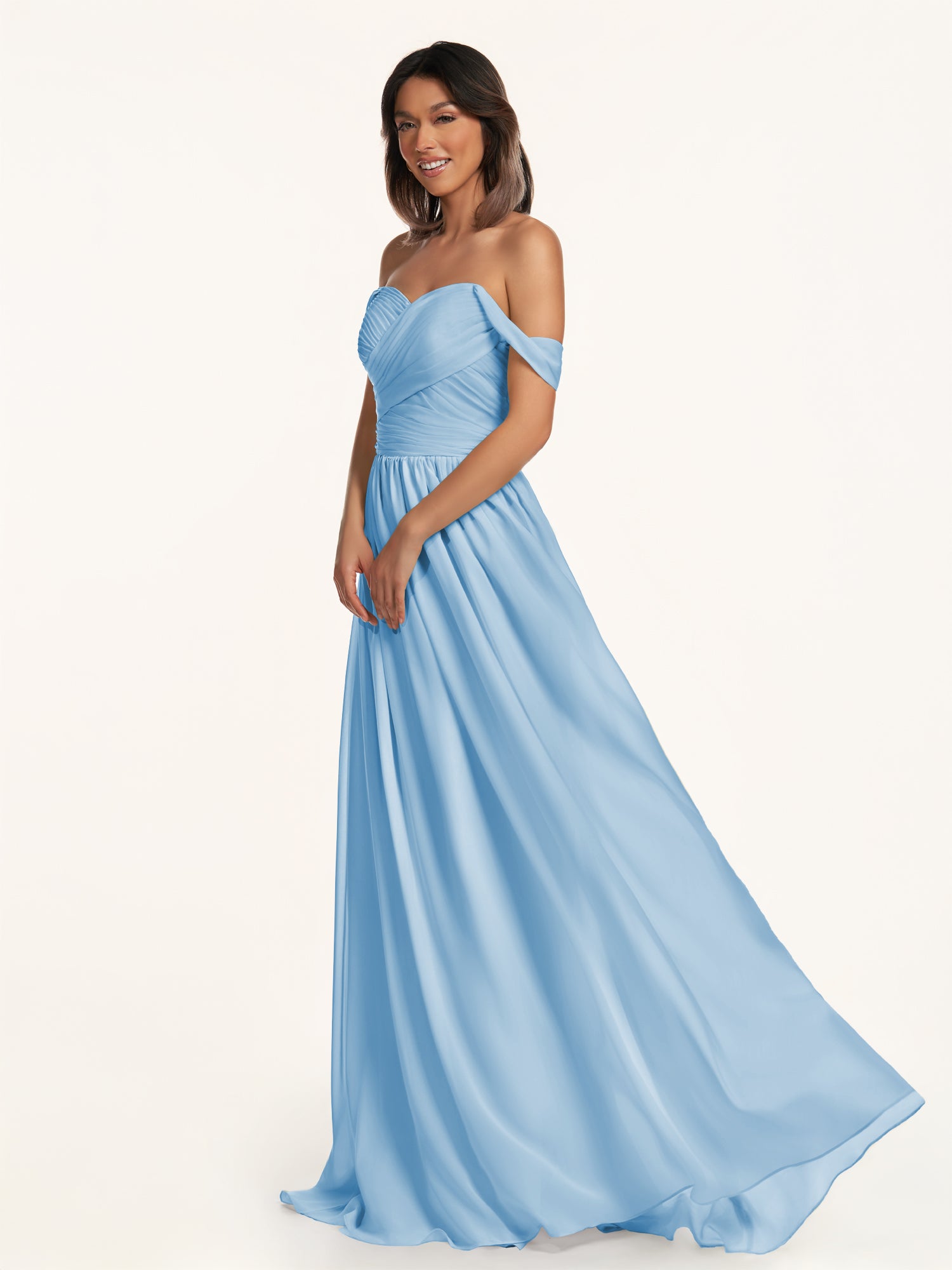KissDress-Lia Steel Blue A Line Chiffon Off the Shoulder Long Bridesmaid Dress with Pleats
