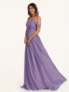 KissDress-Lia Tahiti A Line Chiffon Off the Shoulder Long Bridesmaid Dress with Pleats