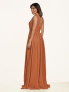 KissDress-Lia Terracotta A Line Chiffon Off the Shoulder Long Bridesmaid Dress with Pleats