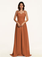 KissDress-Lia Terracotta A Line Chiffon Off the Shoulder Long Bridesmaid Dress with Pleats