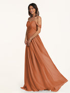 KissDress-Lia Terracotta A Line Chiffon Off the Shoulder Long Bridesmaid Dress with Pleats