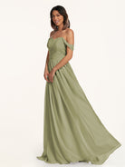 KissDress-Lia Thyme A Line Chiffon Off the Shoulder Long Bridesmaid Dress with Pleats