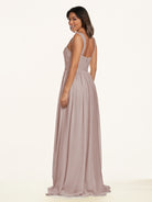 KissDress-Lia Toffee A Line Chiffon Off the Shoulder Long Bridesmaid Dress with Pleats