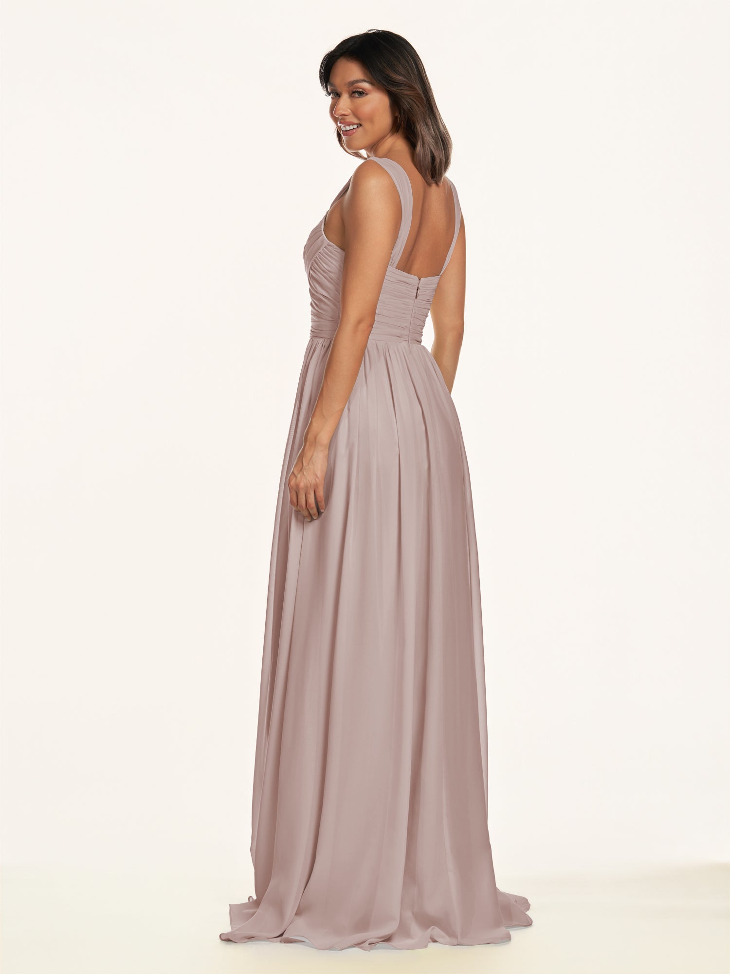 KissDress-Lia Toffee A Line Chiffon Off the Shoulder Long Bridesmaid Dress with Pleats