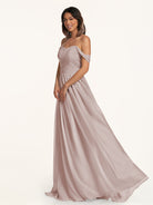 KissDress-Lia Toffee A Line Chiffon Off the Shoulder Long Bridesmaid Dress with Pleats
